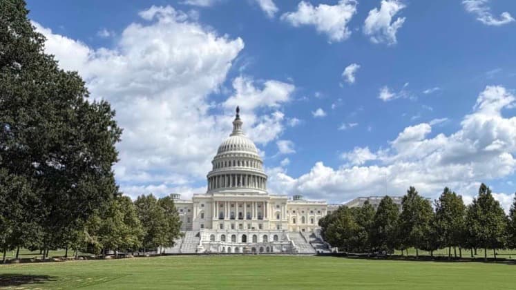 The iconic U.S. Capitol dome rising behind green lawns and leafy trees under a blue sky.