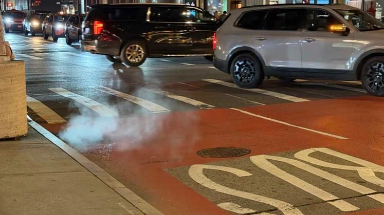 White steam plume rising from a street manhole cover near a bus lane in Manhattan