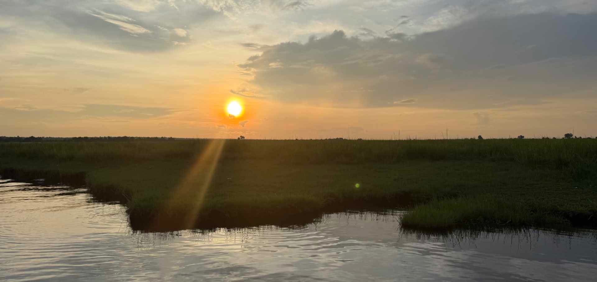 Golden sunset casting warm light across the calm waters and grassy floodplains of the Chobe River.