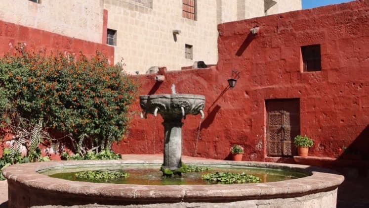 Stone fountain in a vibrant crimson courtyard surrounded by flowering plants in Santa Catalina.