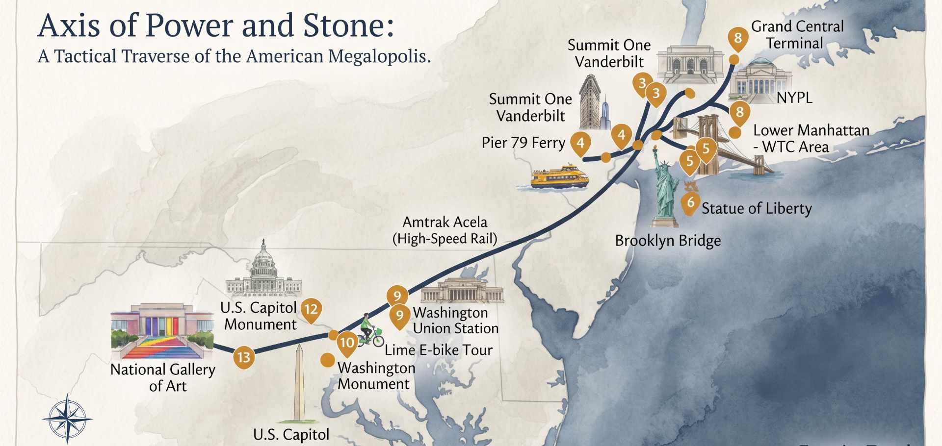 Watercolor route map illustrating the urban expedition across New York City and Washington, D.C.