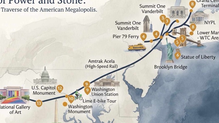 Watercolor route map illustrating the urban expedition across New York City and Washington, D.C.