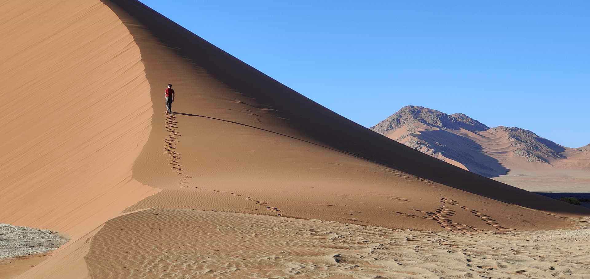 A lone climber ascends the steep ridge of Dune 45 in the Namib Desert