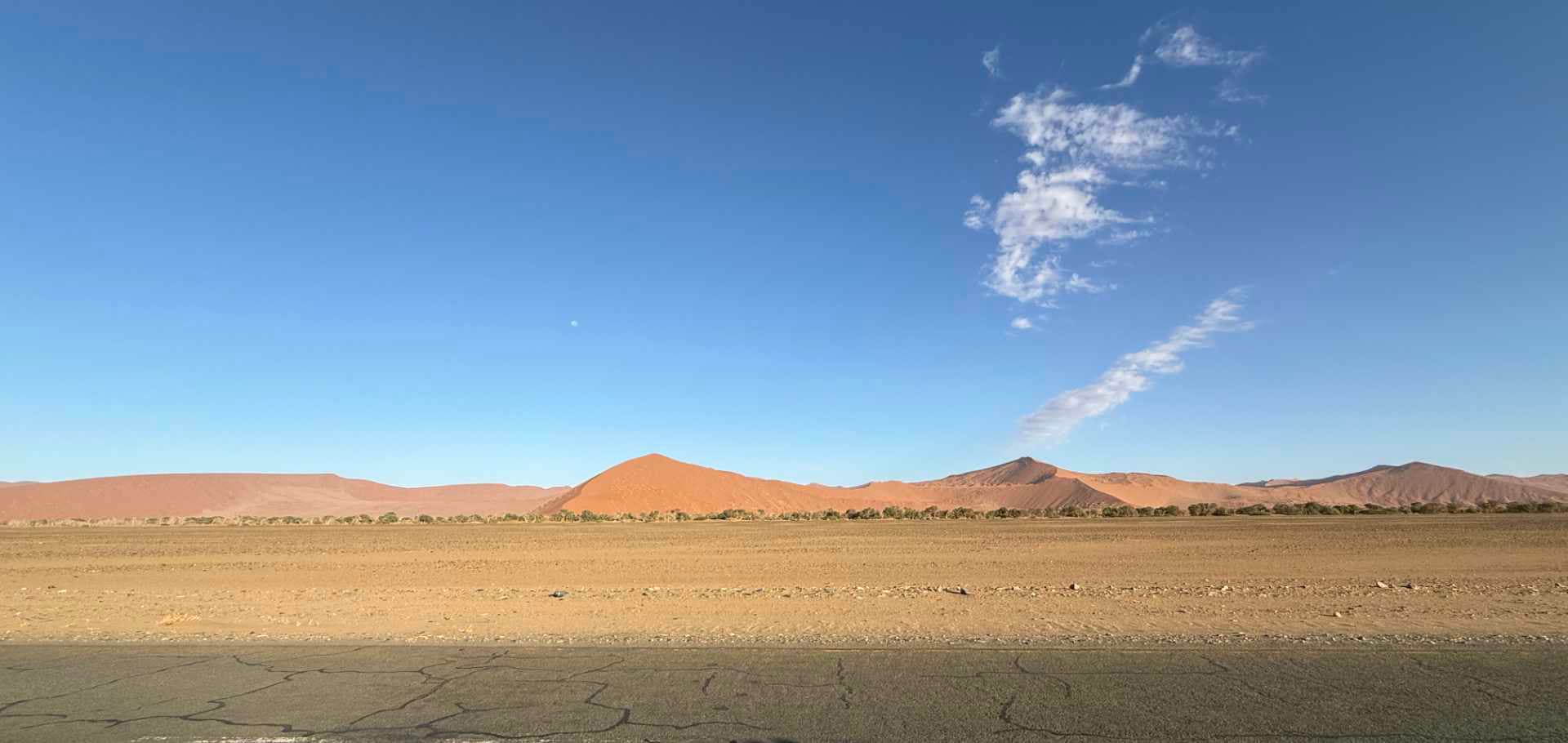 Distant red sand dunes stretch across the arid landscape under a clear blue sky
