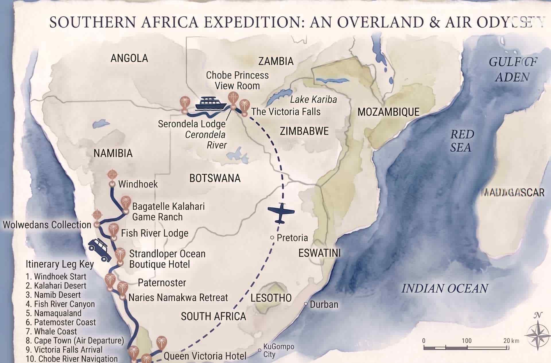 Illustrated map of the Southern Africa overland expedition itinerary and key destinations