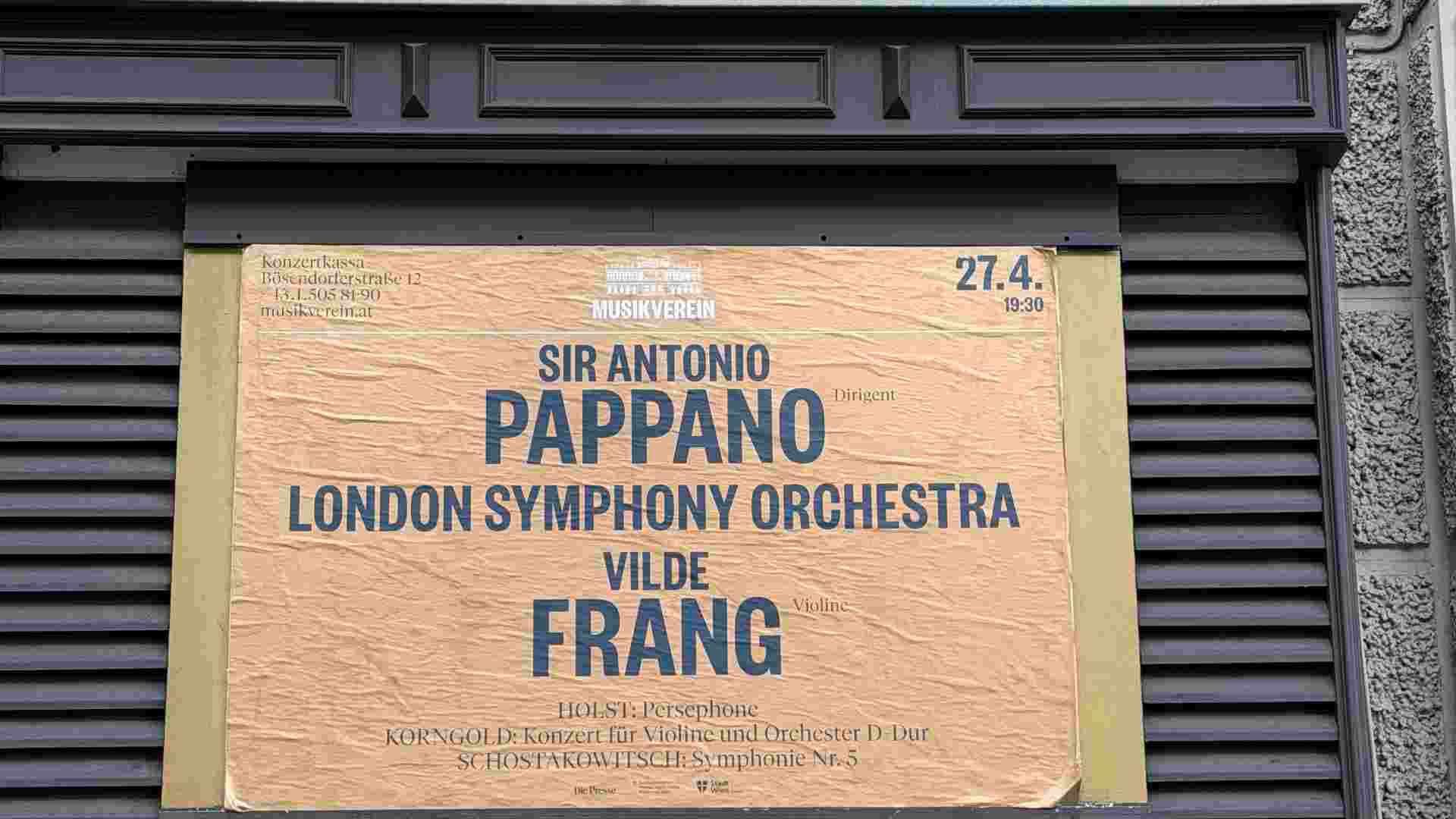 Vintage concert poster announcing the London Symphony Orchestra performance at the Musikverein.