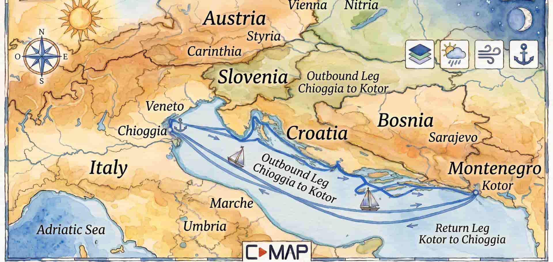 Map of the route from Venice to Kotor