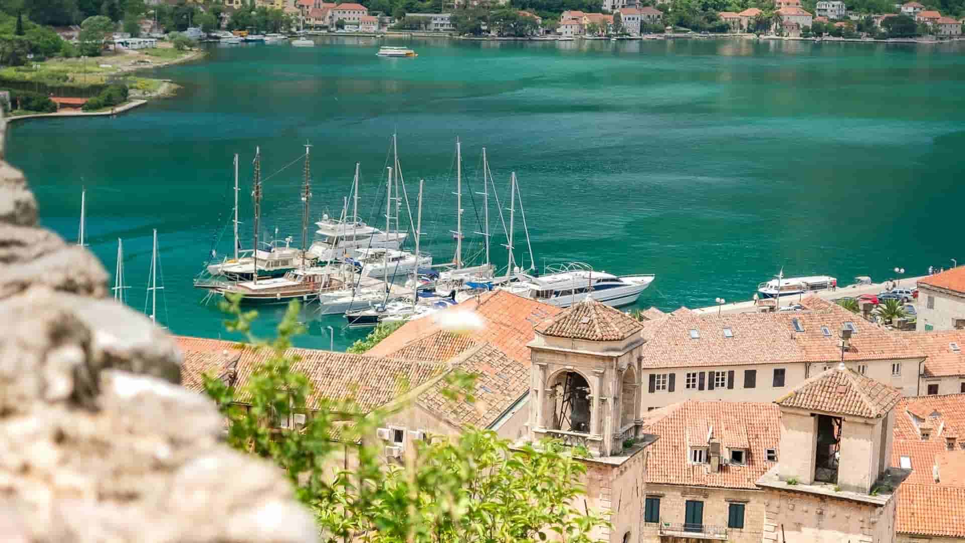 High-angle view of Kotor marina with moored boats and historic bell towers below.