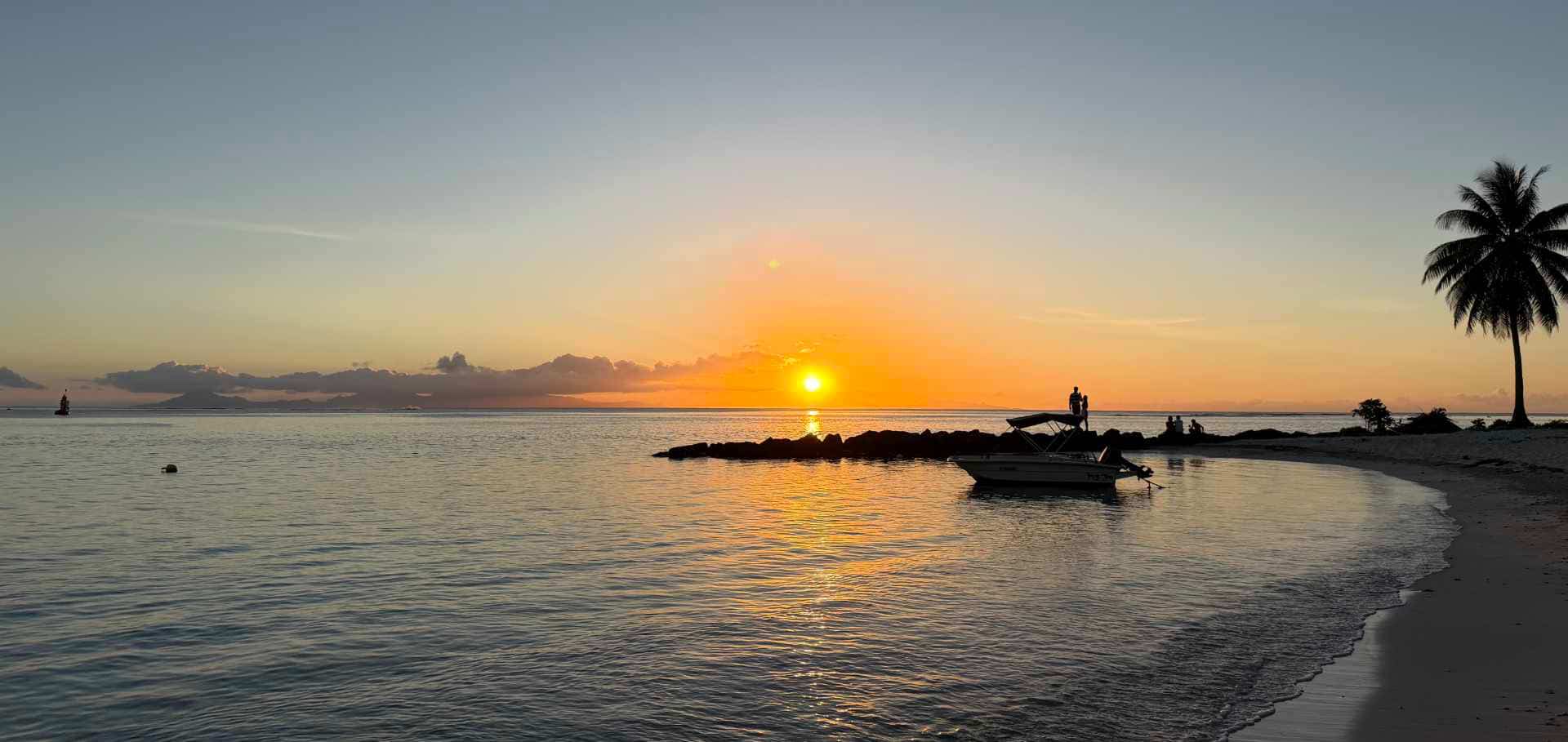 A golden sunset glows over the calm ocean waters and a silhouetted palm-fringed shoreline.