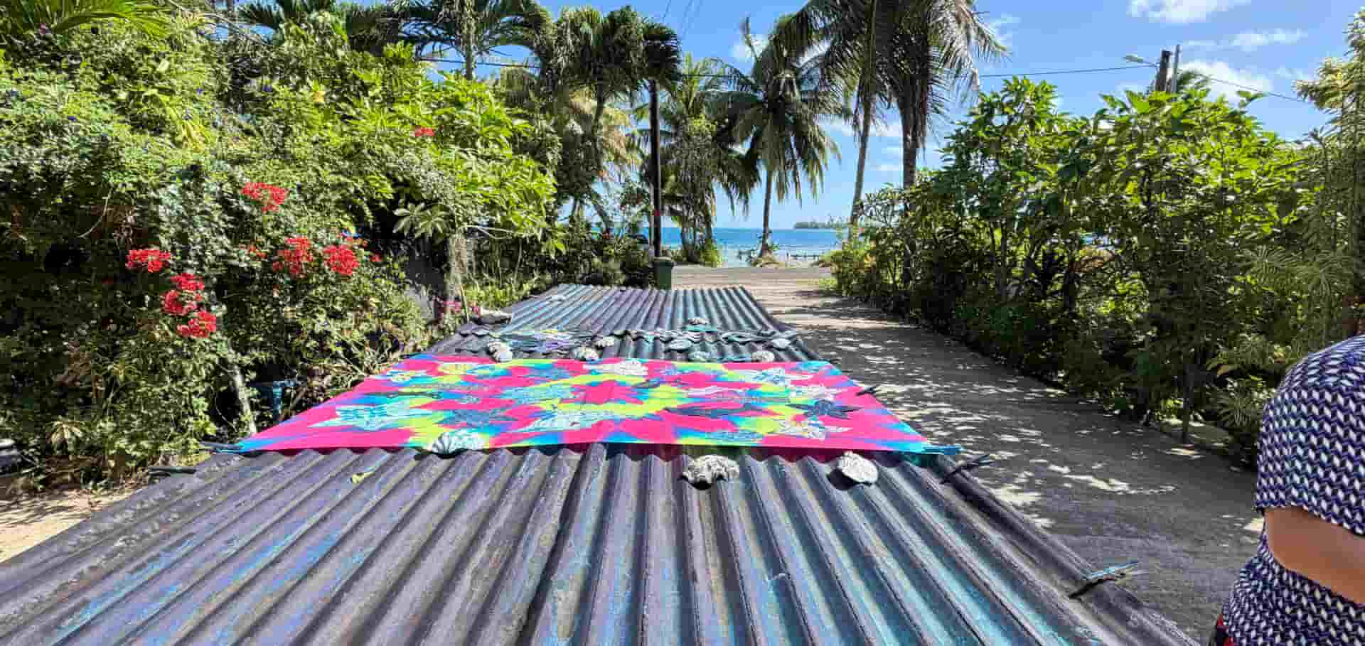 Colorful tie-dye fabric drying on corrugated metal sheets under coconut palms.