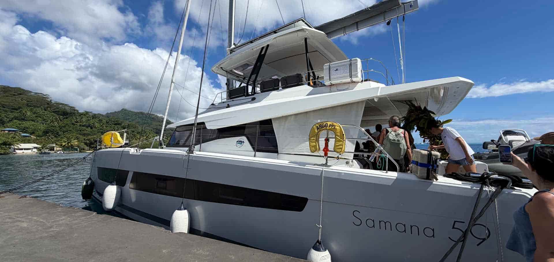 Fountaine Pajot Samana 59 catamaran moored at a dock in French Polynesia
