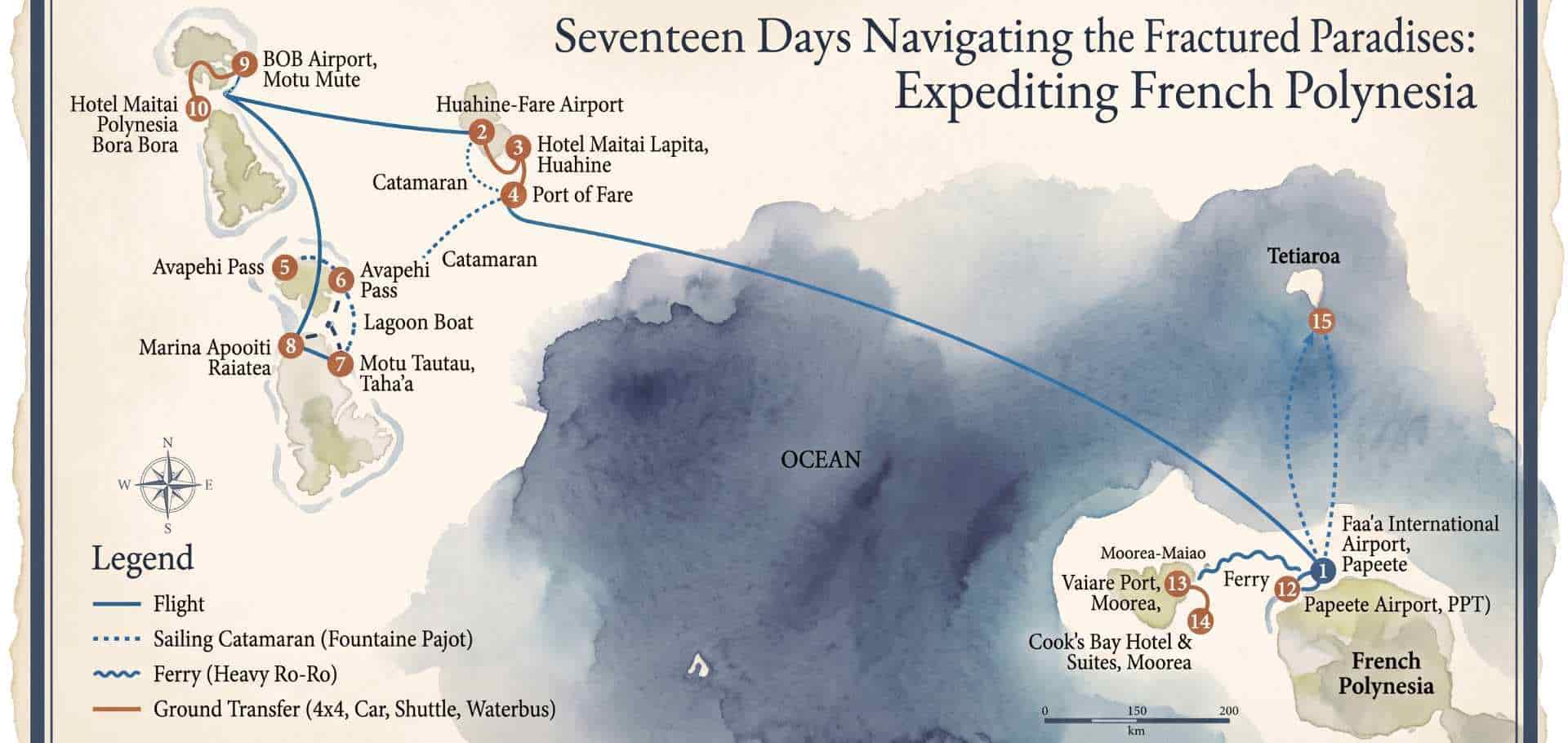 Detailed watercolor expedition map illustrating the 17-day travel itinerary across French Polynesia.