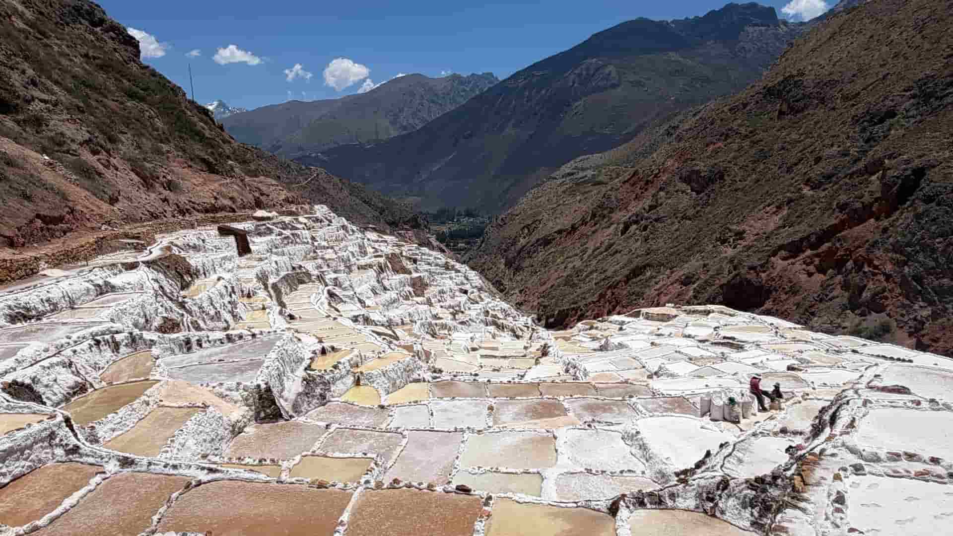 Close-up of earthen salt pans filled with brine and crystalline mineral deposits.