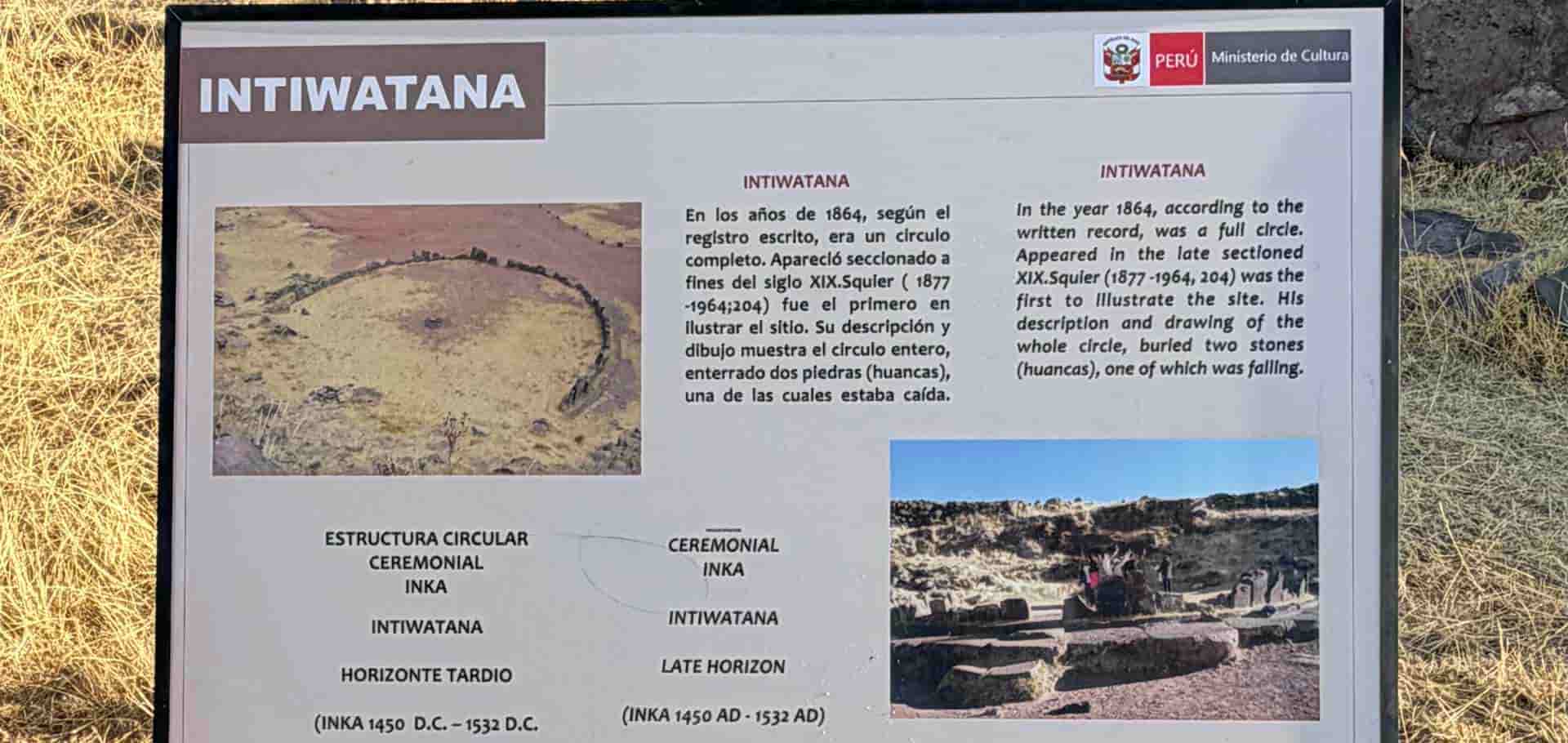 Informational sign with text and historic photographs detailing the Intiwatana archaeological site.