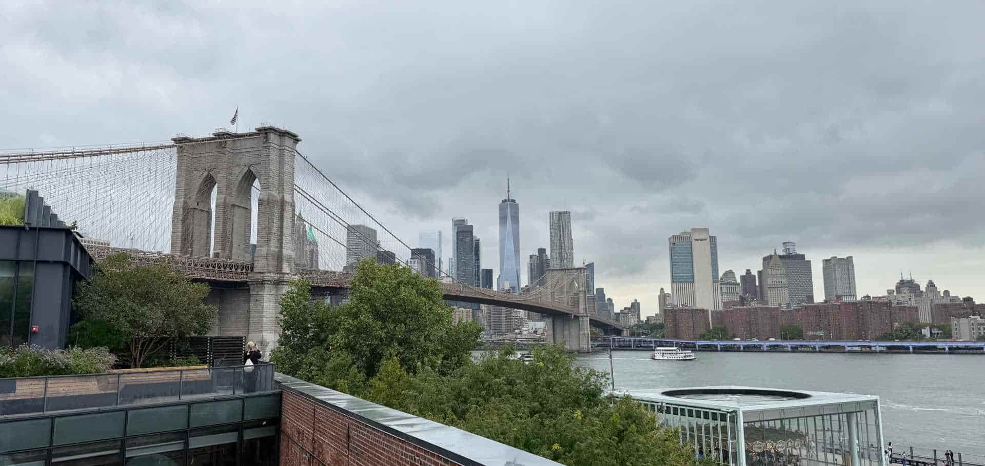 Scenic view of the Brooklyn Bridge and Lower Manhattan skyline across the East River.