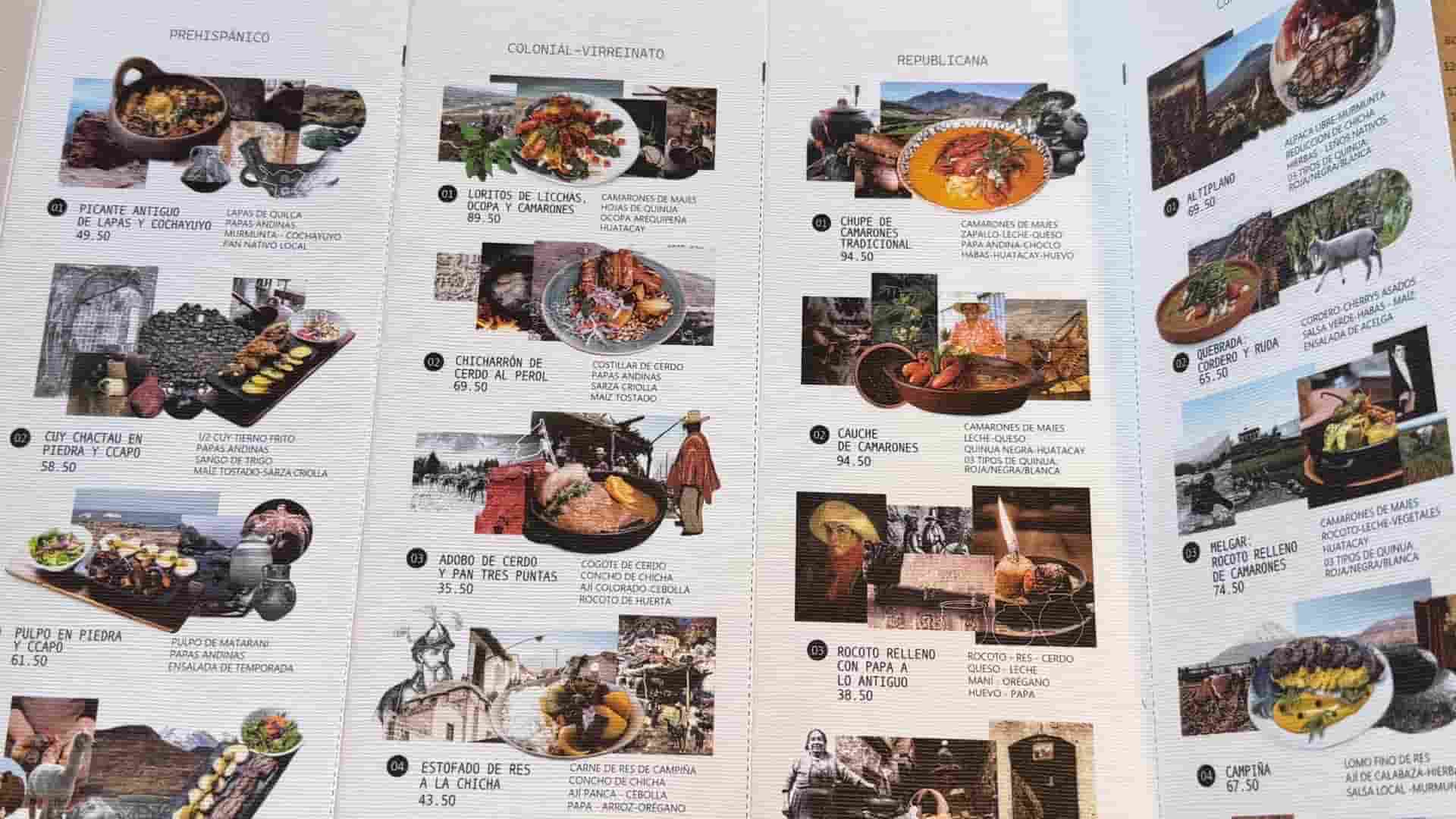 Open tri-fold menu detailing regional Picantería dishes alongside traditional drink options.
