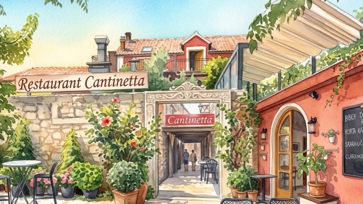 illustration of the entrance of the Cantinetta restaurant on water-colour style