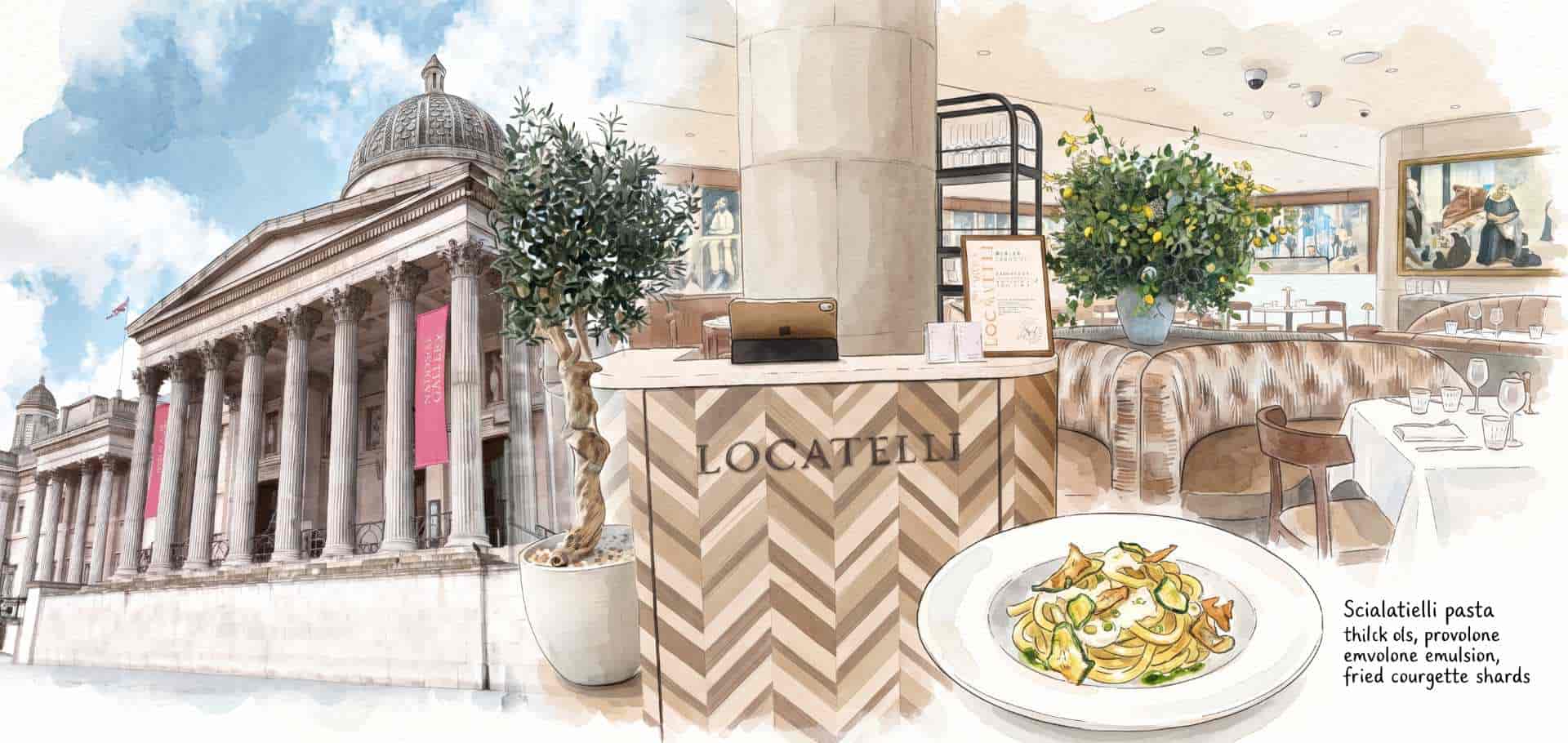 Watercolor illustration showing the exterior and interior of Locatelli.