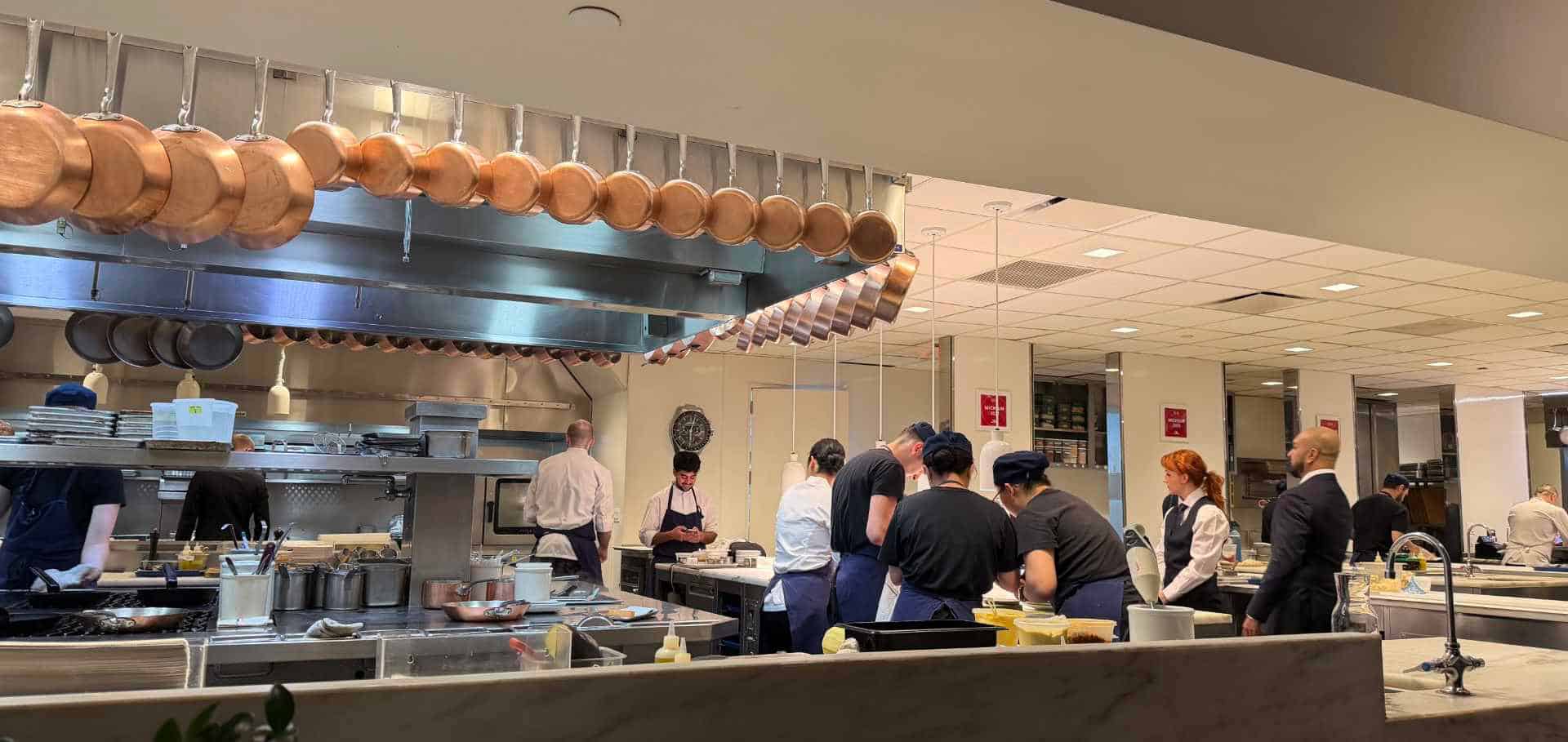 Professional kitchen brigade and service staff working in a sleek stainless steel kitchen.